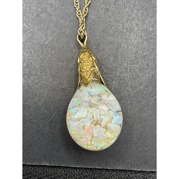 SOLID 14k Yellow Gold Filled Floating Opal Chip Pendant w/ 1/20 12K Necklace - Picture 2 of 16